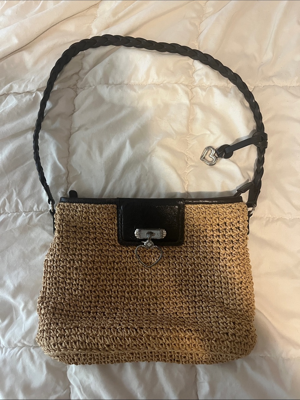 Brighton Tan Woven Shoulder Bag with Black Trim
